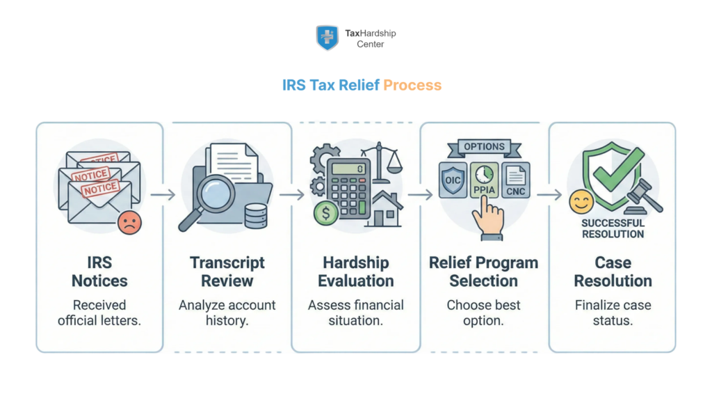 Illustration showing the IRS tax relief process from notices to transcript review, hardship evaluation, and final resolution.
